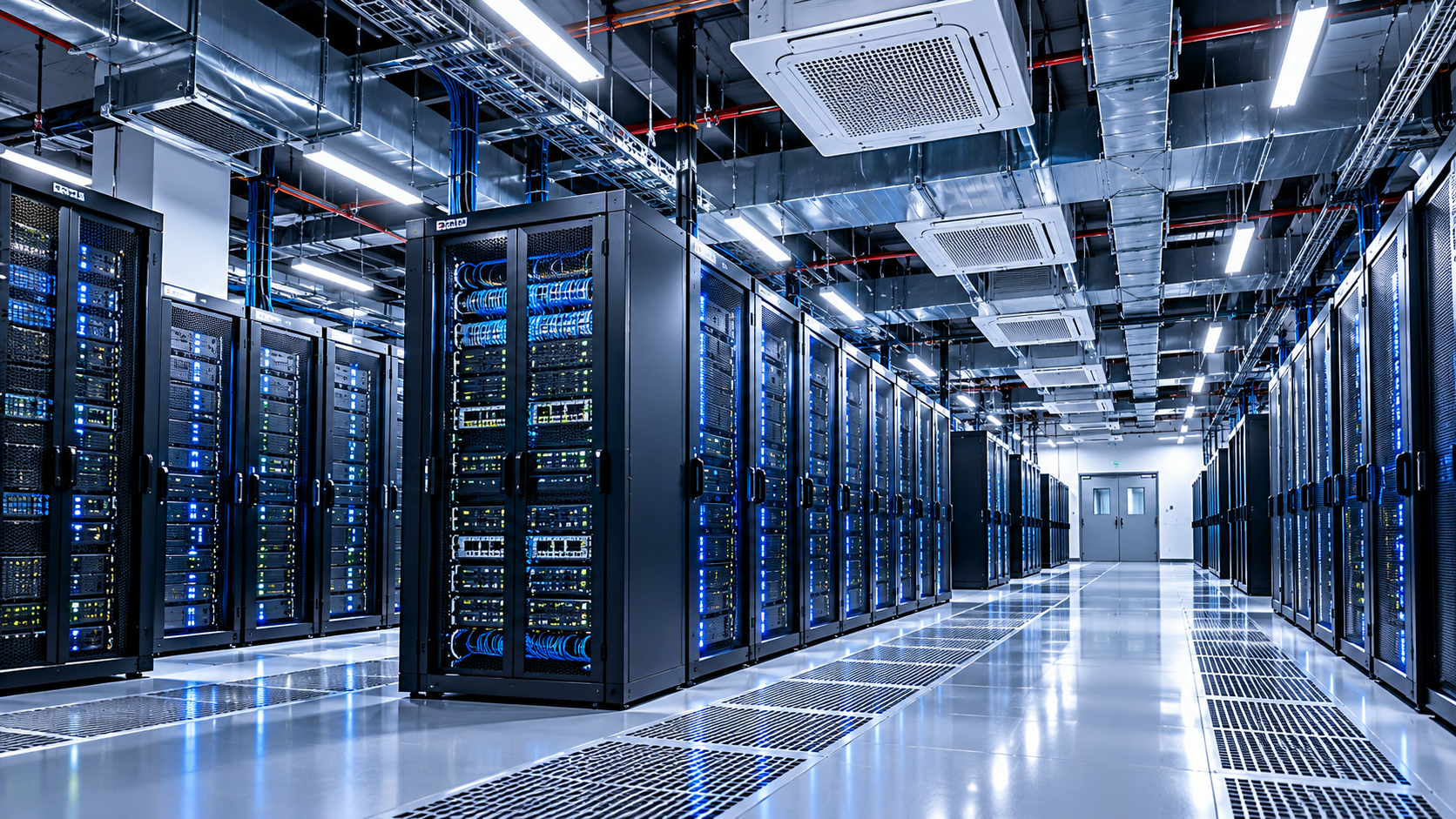 Rows of server racks inside a contemporary data center