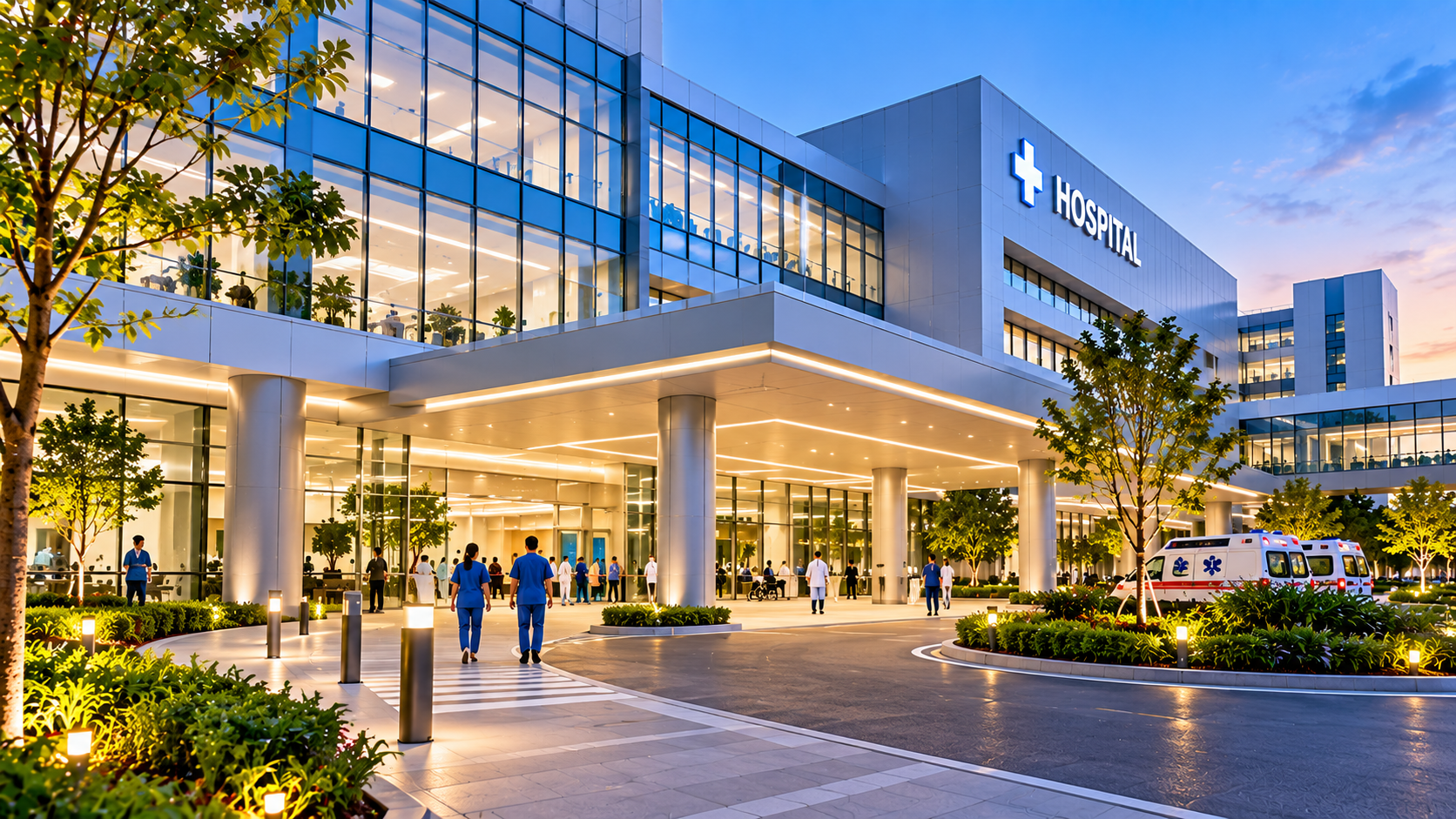 Clean modern hospital corridor with bright lighting