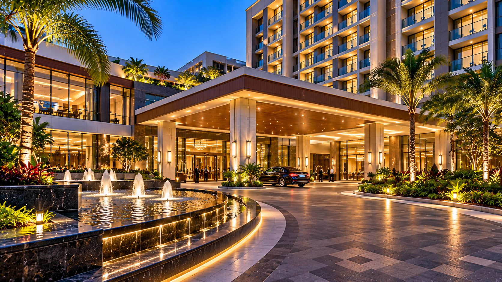 Elegant hotel lobby with contemporary decor and ambient lighting