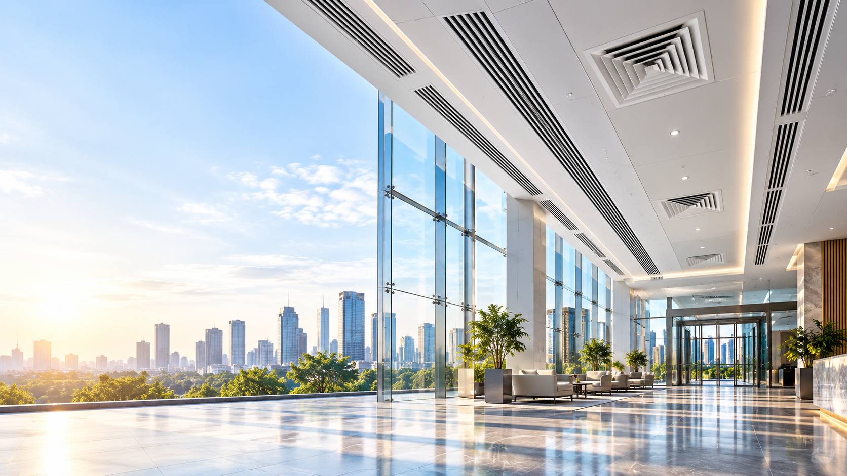 Modern commercial lobby with integrated HVAC systems